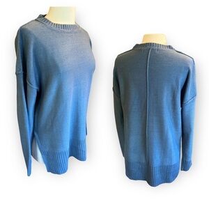 Fashion Sweater Blue Drop Shoulder Crew Neck Long Sleeve Solid Side Slits Med‍‍﻿